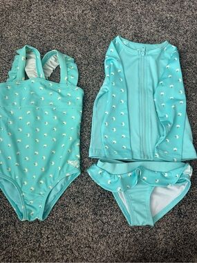 Roxy Teal Floral Girls' One-Piece & Zip Rash Guard Set